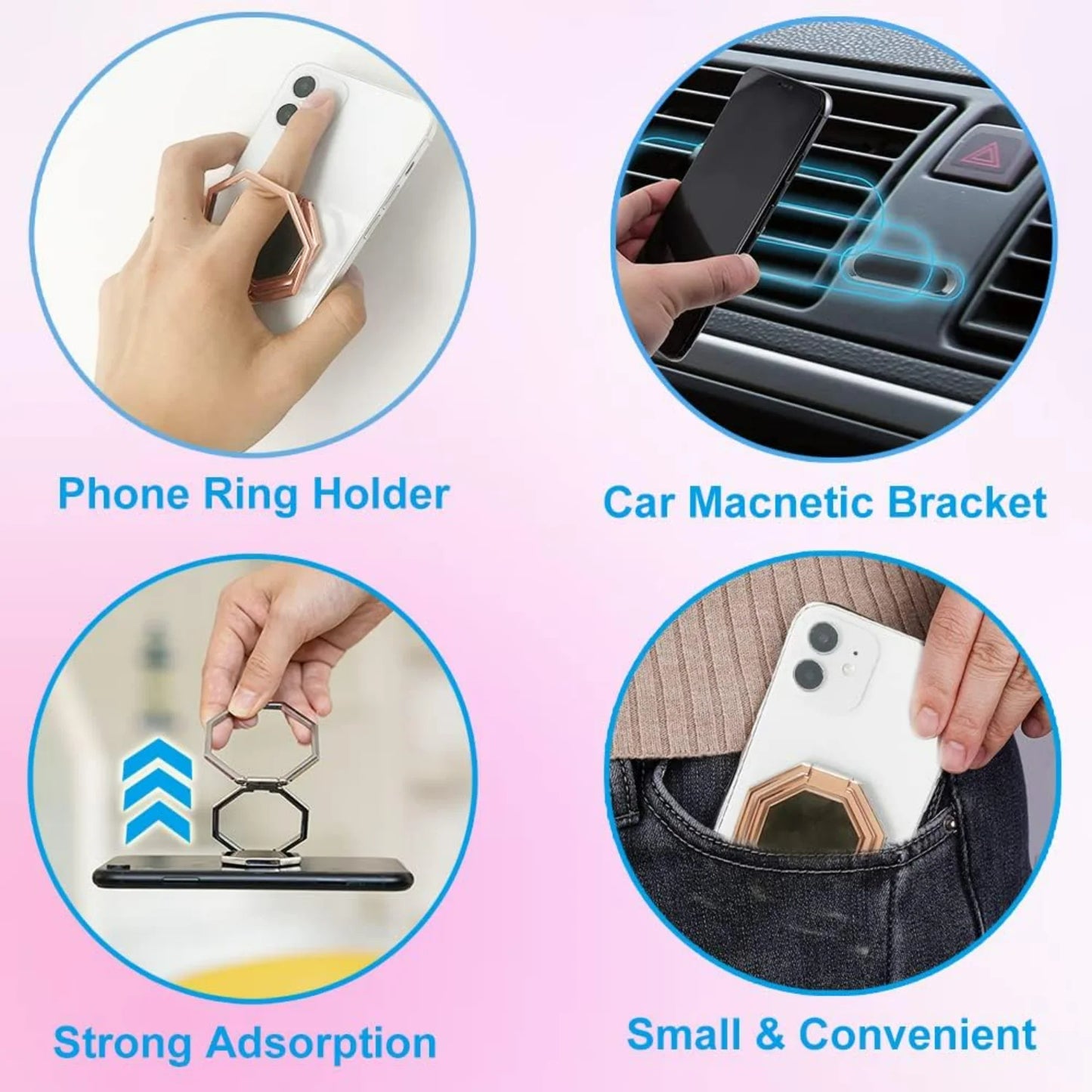 Cell Phone Ring Holder Kickstand, Metal Phone Stand for Smartphones, Foldable Ultra-Thin Design, Rose Gold Color.