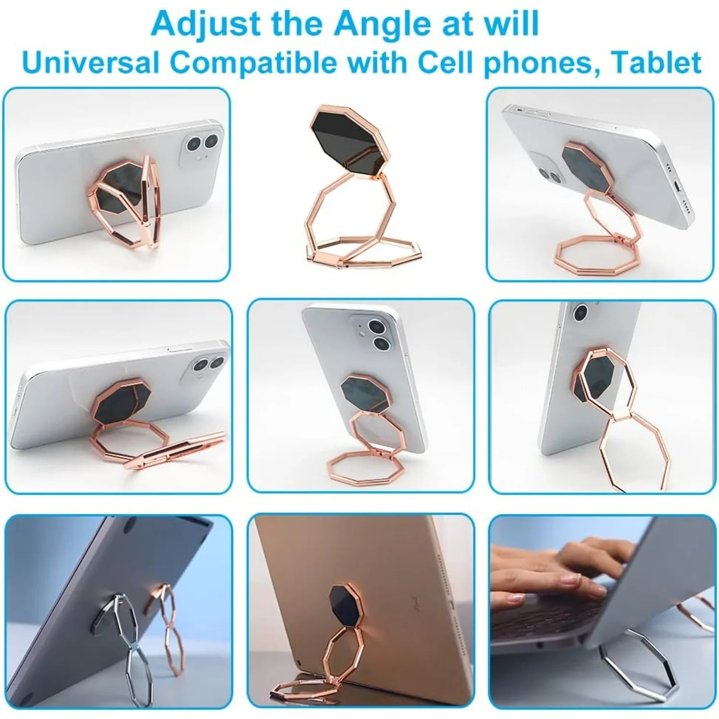Cell Phone Ring Holder Kickstand, Metal Phone Stand for Smartphones, Foldable Ultra-Thin Design, Rose Gold Color.