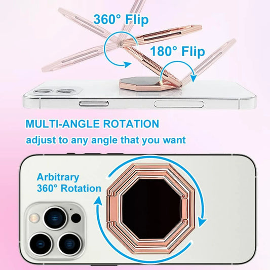 Cell Phone Ring Holder Kickstand, Metal Phone Stand for Smartphones, Foldable Ultra-Thin Design, Rose Gold Color.